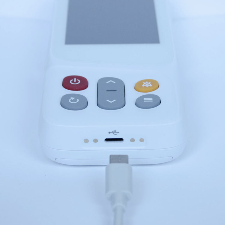 CH-100 Pulse Oximeter by CMI Health with visible USB-C charging port and a Type-C charging cable