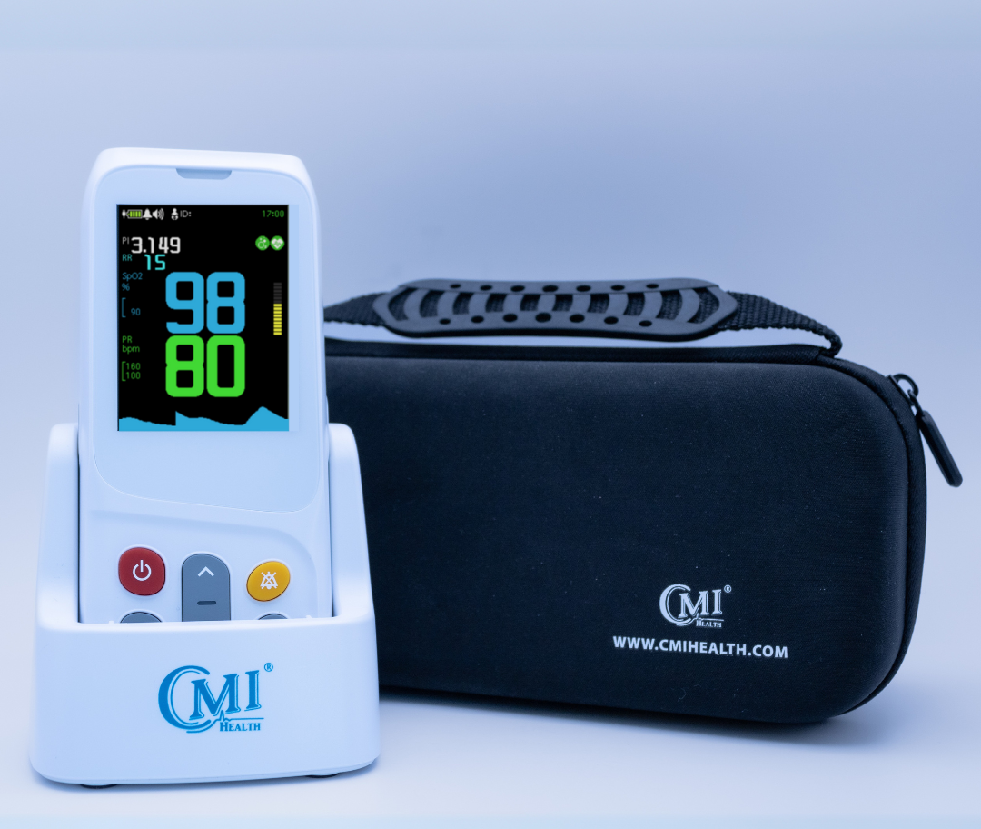 CMI Health CH-100 Pulse Oximeter with soft-shell zippered carrying case for portable storage and protection
