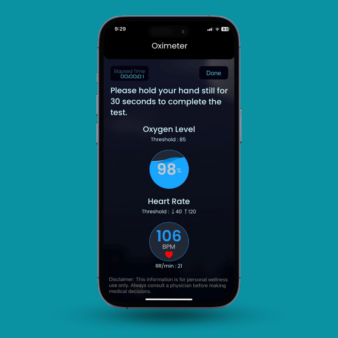 OxyKnight® Fingertip Pulse Oximeter app shows 98% SpO2 and 106 BPM with 30-sec stillness test instruction.