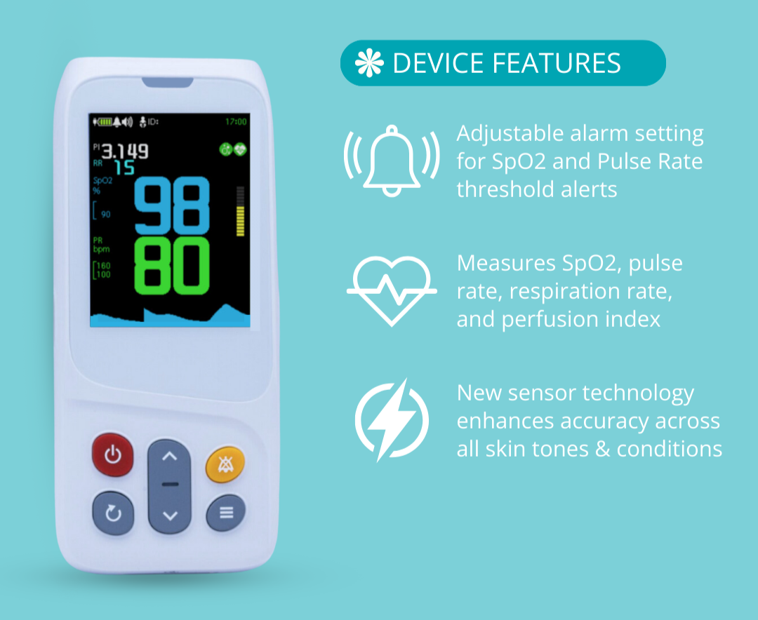 CMI Health CH-100 Handheld Pulse Oximeter with color touchscreen display, showing SpO2, pulse rate, and real-time monitoring features, alongside listed device functions