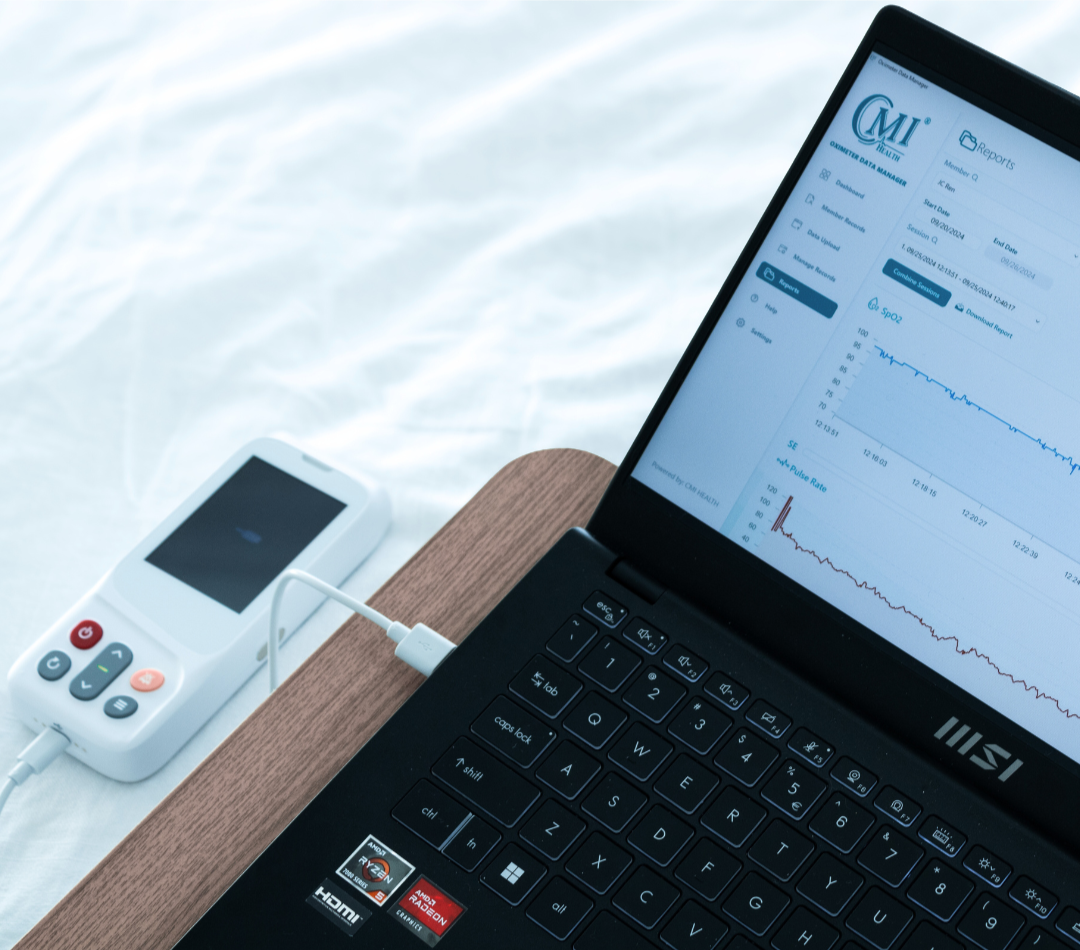 CMI Health CH-100 Pulse Oximeter connected to laptop displaying SpO2 and pulse rate data on CMI Health’s reporting dashboard