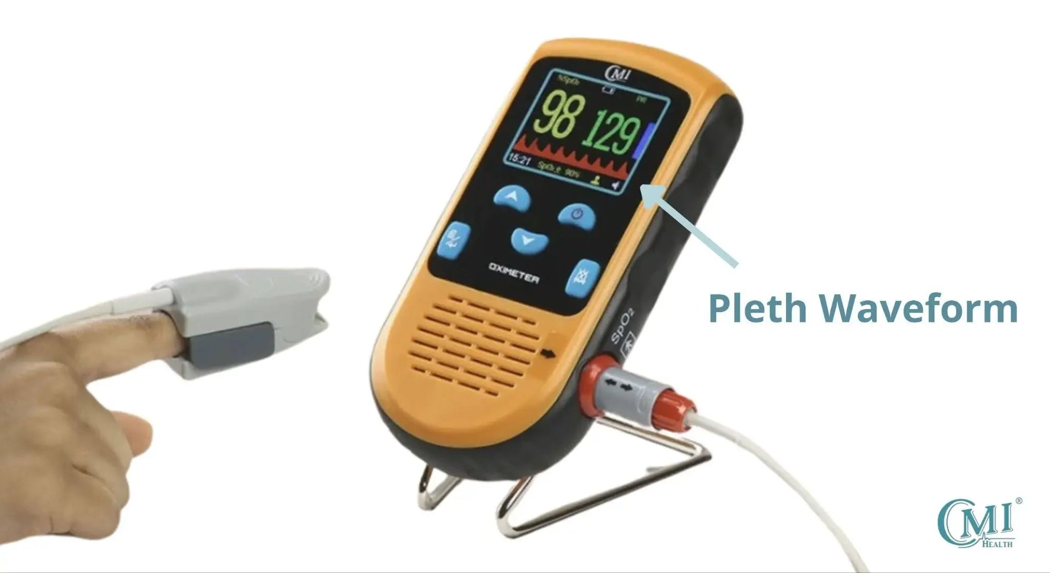 Pulse oximeter displaying a pleth waveform on the screen while attached to a finger sensor. The waveform represents changes in blood flow detected during oxygen monitoring.