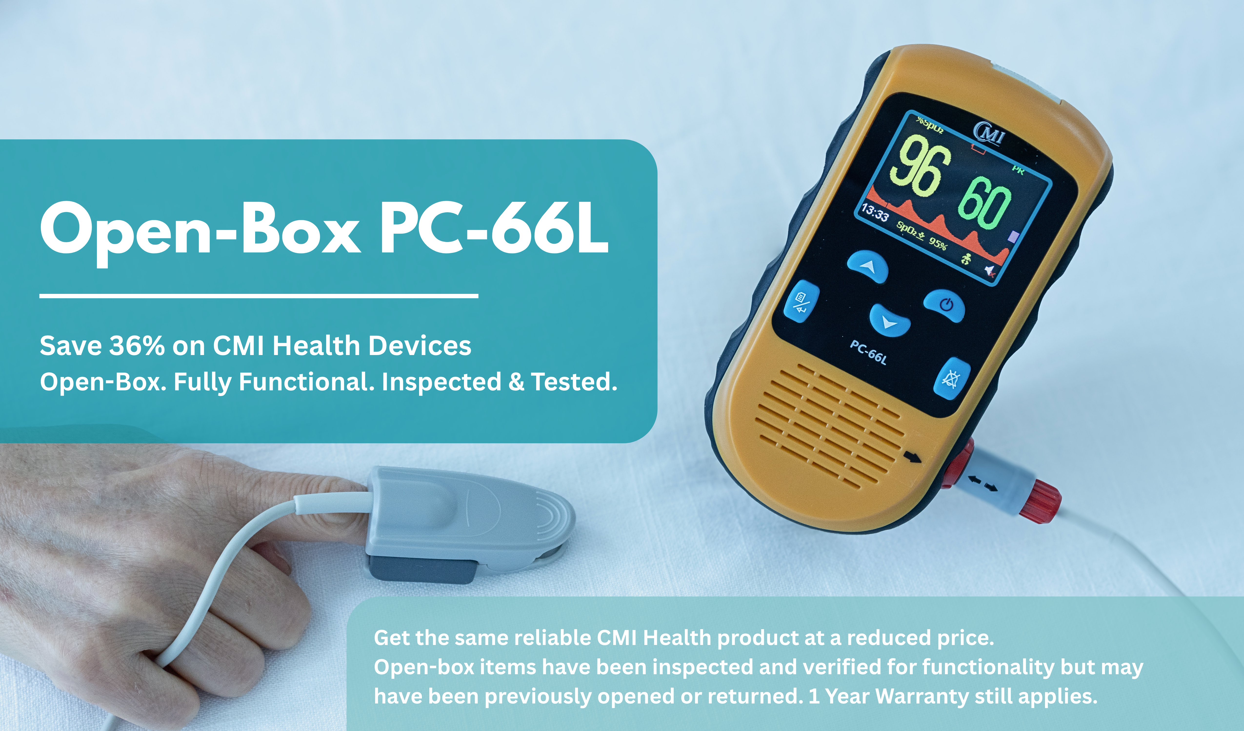 An open-box CMI PC-66L pulse oximeter shown alongside a hand holding its sensor probe, with promotional text overlays on a light blue background.